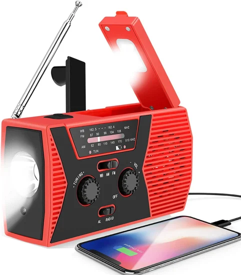 Linterna de emergencia Am FM Wb Radio con energía solar Manivela de mano con batería de carga móvil 2000mAh para Camping Walkman